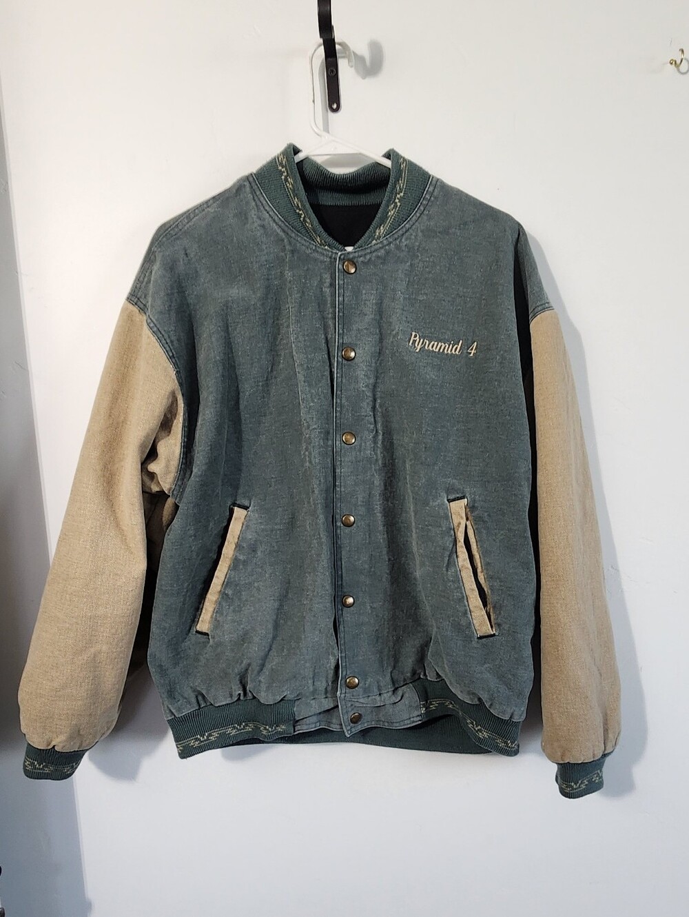 Pyramid 4 Embroidered Two-Tone Corduroy Bomber Jacket - Green & Beige